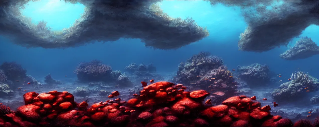 Prompt: A gorgeous detailed oil of a dark red sea covered in big blue steep rocks, a school of piranhas underwater, the further away the mistier it gets, surreal, concept art, dark aesthetic, atmospheric, moody, hyperrealism, highly detailed, masterpiece, award winning, 4k, unreal engine