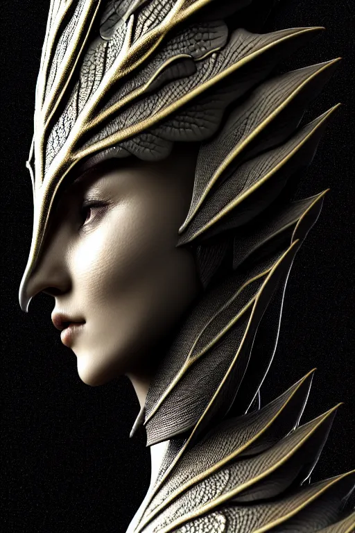 Image similar to bw close - up profile face, black background, beautiful young porcelain vegetal - dragon - cyborg - female, 1 5 0 mm, beautiful natural soft rim light, silver gold details, magnolia leaves and stems, roots, mandelbot fractal, elegant, ultra detailed, white metallic armour, octane render, h. r. giger style