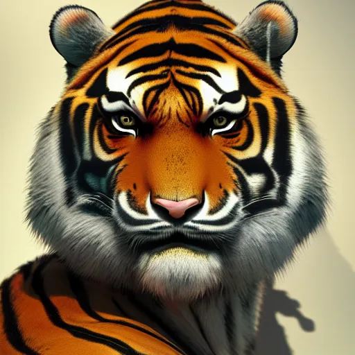 Image similar to A tiger anthropomorphic, hyperdetailed, artstation, cgsociety, 8k