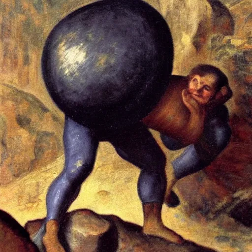 Prompt: a painting of benjamin netanyahu as sisyphus, carrying large boulder on shoulders, large mountain, by franz stuck