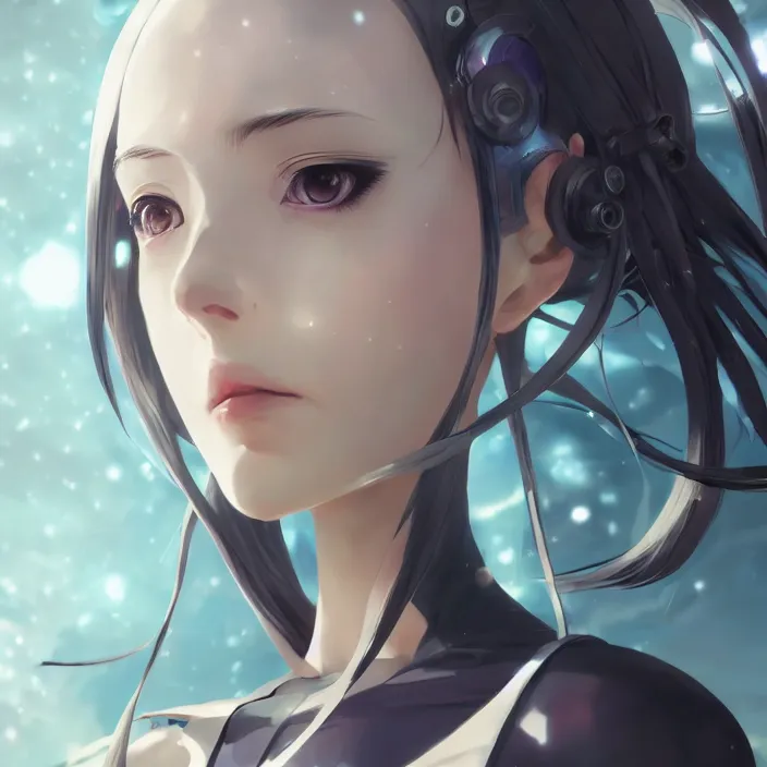 Image similar to beautiful anime girl cyborg looking surreal - by tom bagshaw, by ilya kuvshinov, rtx rendering, octane render 1 2 8 k, maya, extreme high intricate details by wlop, digital anime art by ross tran, medium shot, close up shot, composition by sana takeda, dramatic lighting by greg rutkowski, 8 k, trending on artstation