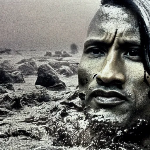 Prompt: film still, close up, dwayne johnson rising out of muddy vietnam river, face covered in mud, low camera angle at water level, night time, film still from apocalypse now ( 1 9 7 9 ), 2 6 mm