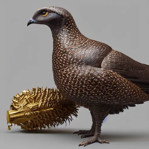 Image similar to a 3 d model of a grouse holding a blunderbuss, studio lighting, octane render, hyper detailed, product photography, 8 k, highly detailed