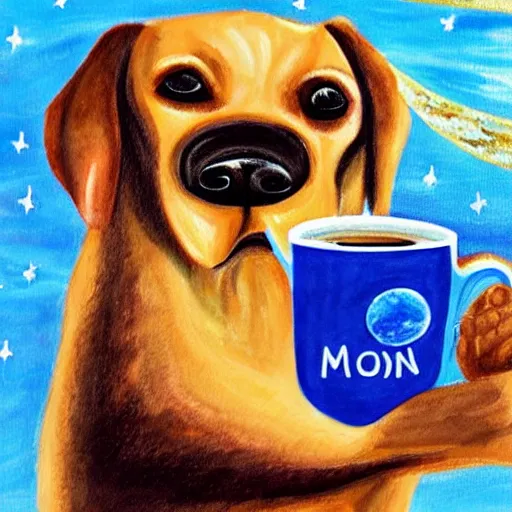 Prompt: painting of a dog sipping coffee on the moon gazing at tha milkyway galaxy