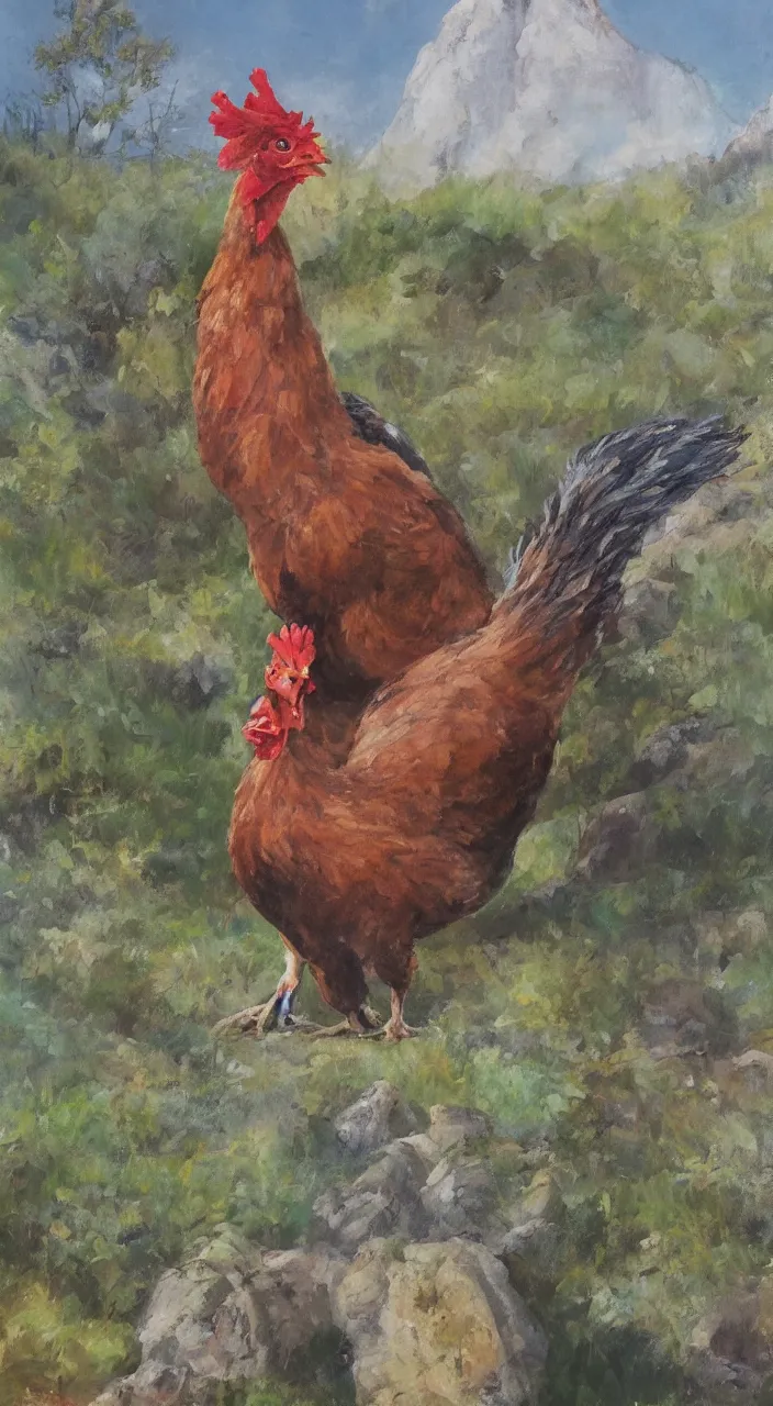 Image similar to giant chicken on a mountain top, elegant, painting