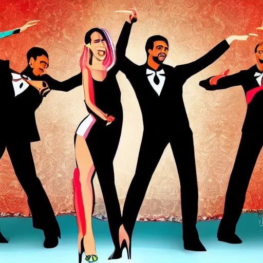 Prompt: latin dance band in the style of natalia agatte. lively. colorful. hd.