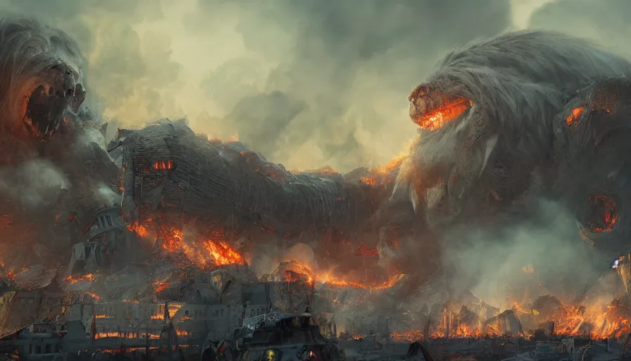 Image similar to giant trolls destroying washington dc, fire and ashes, debris, destroyed buildings, smoke columns, dust, destroyed white house, hyperdetailed, artstation, cgsociety, 8 k