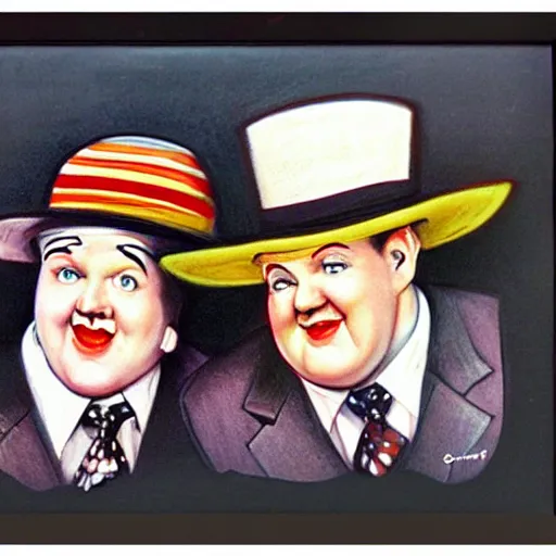 Image similar to A portrait of Stan Laurel and Oliver Hardy in hats by Frank Kelly Freas