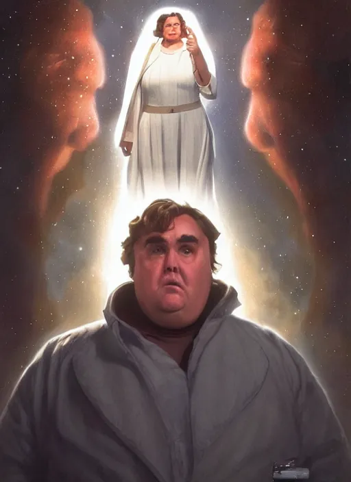Prompt: hyper realistic, zoomed out portrait of john candy in star wars as leia, stoned, by greg rutkowski, scott m fischer, artgerm, loish, slight glow, atmospheric, anne stokes, alexandros pyromallis
