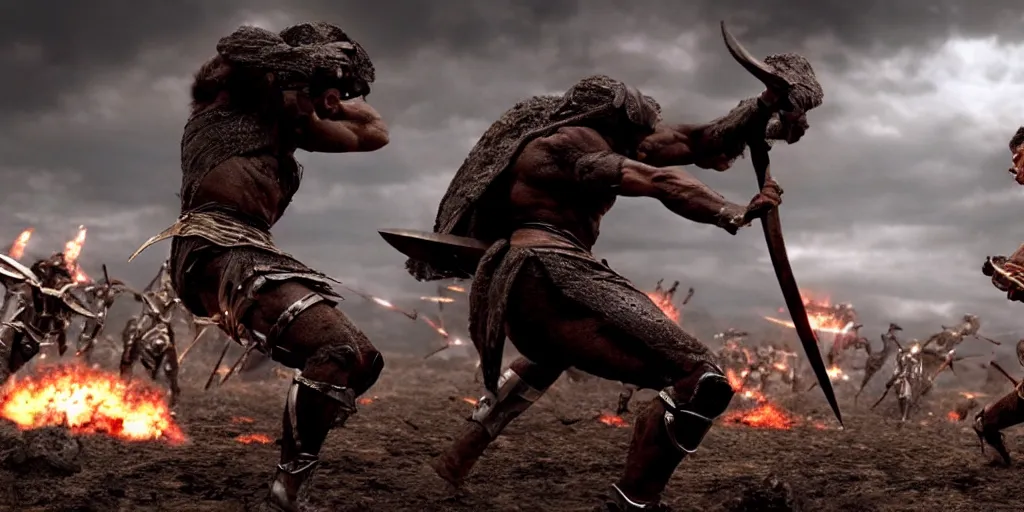 Image similar to epic battle screen of hero, film still from the movie'3 0 0'( 2 0 0 6 ), 3 d, 8 k realistic, cryengine, playstion 5 screen, cinematic lighting