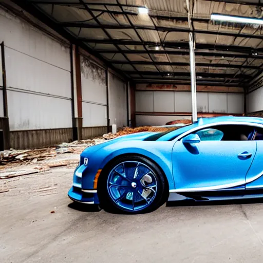 Image similar to an abandoned, derelict, rusty bugatti chiron in a dirty warehouse