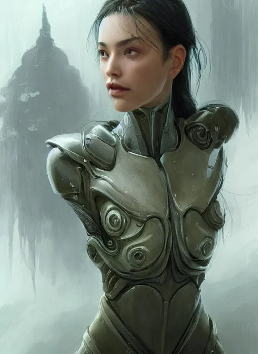 Image similar to a professional painting of a beautiful young female alien, clothed in ethereal armor, olive skin, long dark hair, beautiful bone structure, symmetrical facial features, intricate, elegant, digital painting, concept art, smooth, sharp focus, illustration, from Valerian and the City of a Thousand Planets, by Ruan Jia and Mandy Jurgens and Artgerm and William-Adolphe Bouguerea