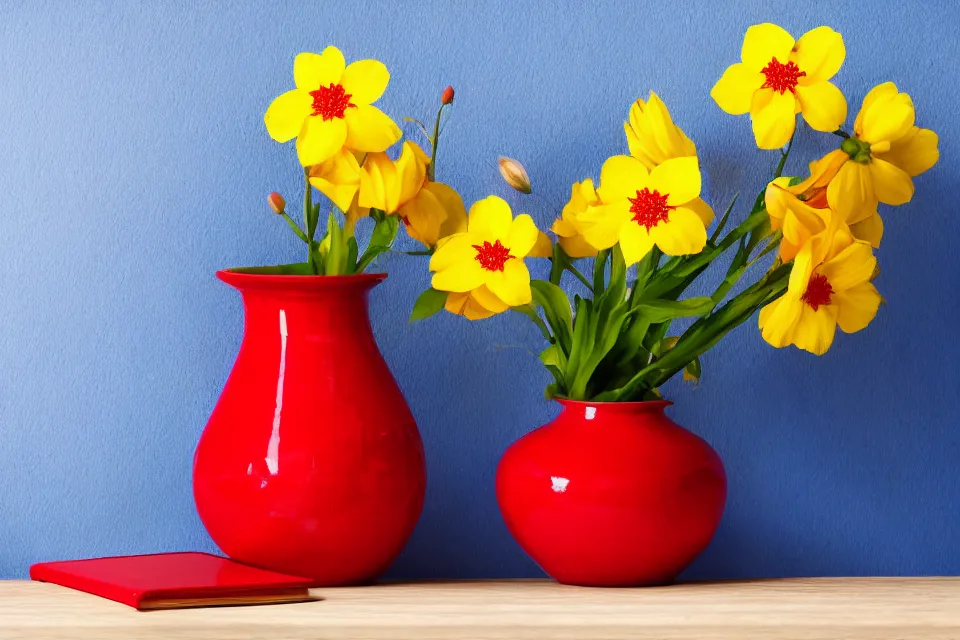 Image similar to red book and yellow vase with blue flowers, photo