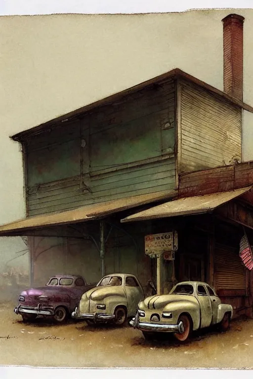 Image similar to (((((1950s small town mechanics shop with car out front. muted colors.))))) by Jean-Baptiste Monge !!!!!!!!!!!!!!!!!!!!!!!!!!!