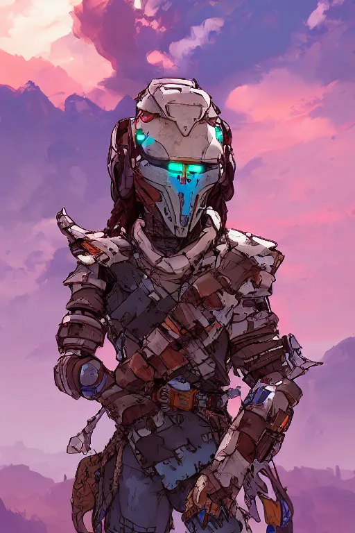 Image similar to combination suit armor aloy horizon forbidden west horizon zero dawn robot ninja mask helmet backpack tribal, art gta 5 comics, official fanart behance hd artstation by jesper ejsing, by rhads, makoto shinkai and lois van baarle, ilya kuvshinov, ossdraws radiating a glowing aura cgi rtx 2 0 2 2