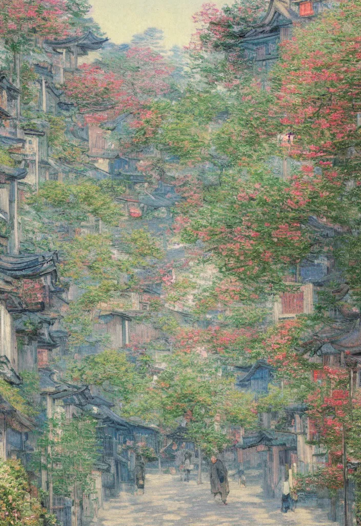 Prompt: a beautiful japanese city in the mountain, amazing ryokans and gorgeous edo era houses, epic cyberpunk, lofi vibe, colorful, vivide colors, amazing light, really beautiful nature, oil painting in impressionist style, by jeremy lipkin, by claude monet, by makoto shinkai, by van gogh, multiple brush strokes, inspired by ghibli, masterpiece, beautiful