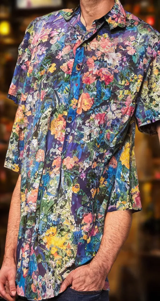 Image similar to close up of max payne floral shirt in a bar, sun shining, photo realistic illustration by greg rutkowski, thomas kindkade, alphonse mucha, loish, norman rockwell.