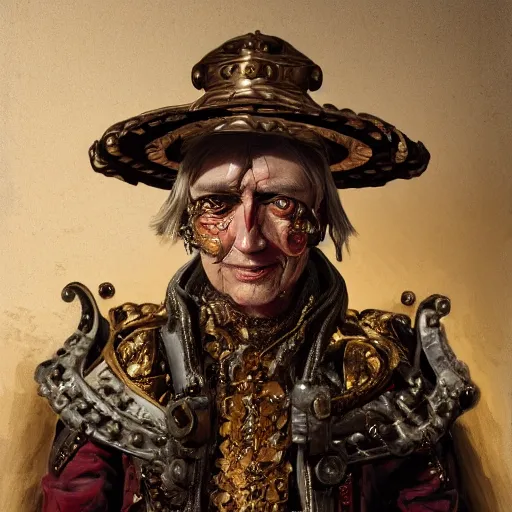 Image similar to portrait, headshot, digital painting, of a old 17th century, old cyborg merchant, amber jewels, baroque, ornate clothing, scifi, realistic, hyperdetailed, chiaroscuro, concept art, art by Franz Hals and Jon Foster