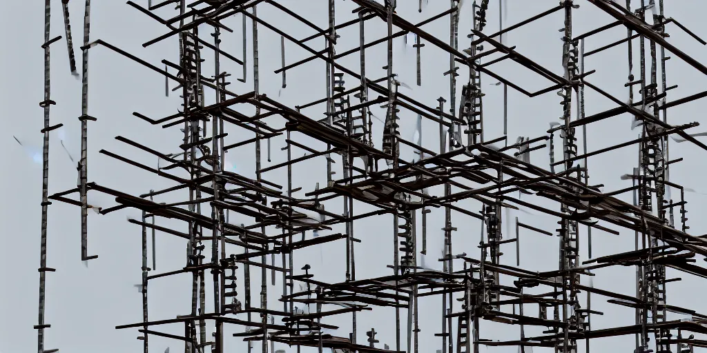 Prompt: slanted scaffolding sculpture made with rocks, woods, steel and metal, construction materials, macro details, photorealistic, cinematic light, high octane, higly detailed, minimalist, made with unreal engine, cgsociety, by yves tanguy, by nate boyce, by david smith, sony a 6 3 0 0, 5 0 mm fe f / 1. 8