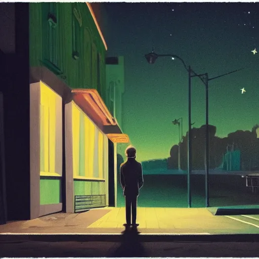 Prompt: a detailed portrait of a lonely man with a skull as his head waiting for the bus at night, green dramatic and cinematic light from the streetlight, the background is the sky full of stars, in the style of edward hopper, 4 k,