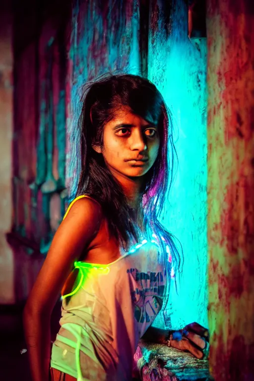 Image similar to cyberpunk sri lankan girl, neon lights in the background, portrait photograph, 35mm lens