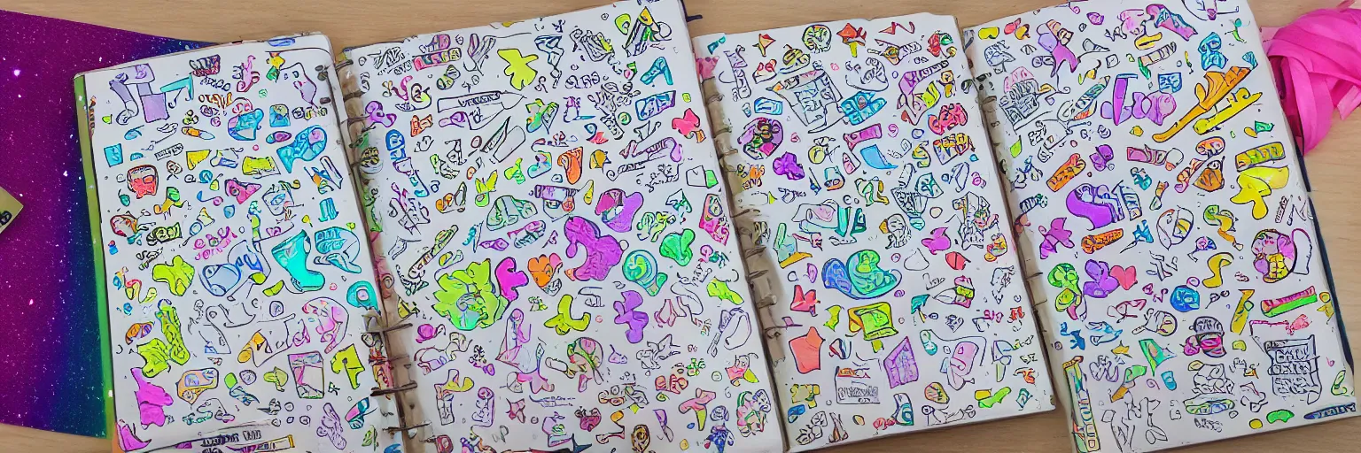 Image similar to a school notebook covered in doodles, stickers, glitter, and holographic stickers