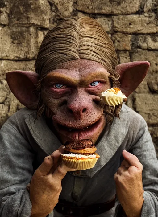 Image similar to closeup portrait of a medieval goblin eating cakes in the cloisters, depth of field, zeiss lens, detailed, symmetrical, centered, fashion photoshoot, by Annie Leibovitz and Steve McCurry, David Lazar, Jimmy Nelsson, Breathtaking, 8k resolution, extremely detailed, beautiful, establishing shot, artistic, hyperrealistic, beautiful face, octane render