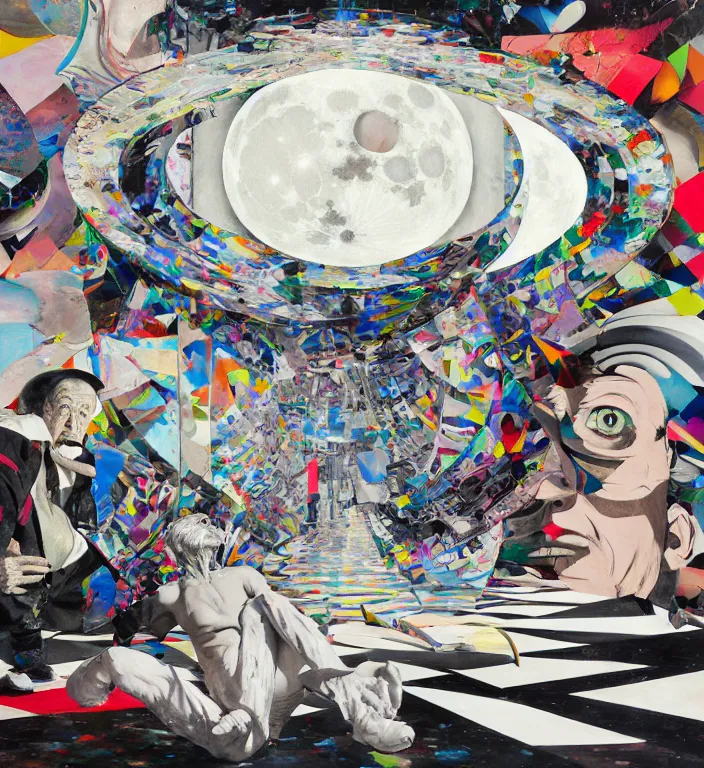 Image similar to decollage painting old white - headed man under the huge moon on a street of ruined city by adrian ghenie and takato yamamoto and edward hopper and mark ryden and tsutomu nihei, part by bridget riley, acrylic pour and splashing paint, very coherent, baroque elements, perfect anatomy, intricate design. pop art.