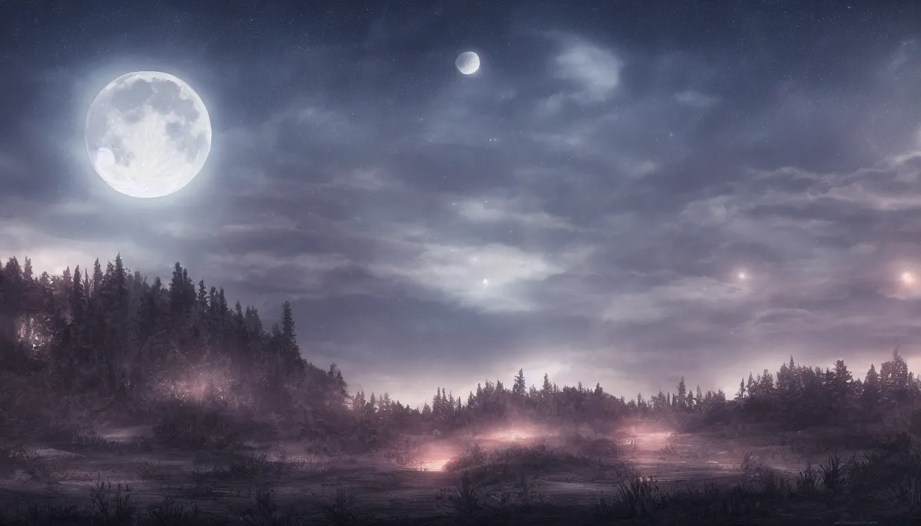 Image similar to a beautiful landscape at dusk, big moon and stars in the sky, matte painting, concept art, 4k