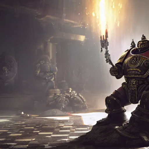 Prompt: Portrait of Budai as the emperor of humanity from warhammer 40k in Gears of War, splash art, movie still, cinematic lighting, dramatic, octane render, long lens, shallow depth of field, bokeh, anamorphic lens flare, 8k, hyper detailed, 35mm film grain