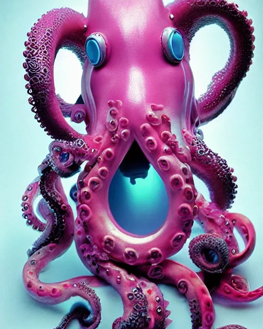 Image similar to natural light, soft focus portrait of a cyberpunk anthropomorphic octopus with soft synthetic pink skin, blue bioluminescent plastics, smooth shiny metal, elaborate ornate head piece, piercings, skin textures, by annie leibovitz, paul lehr