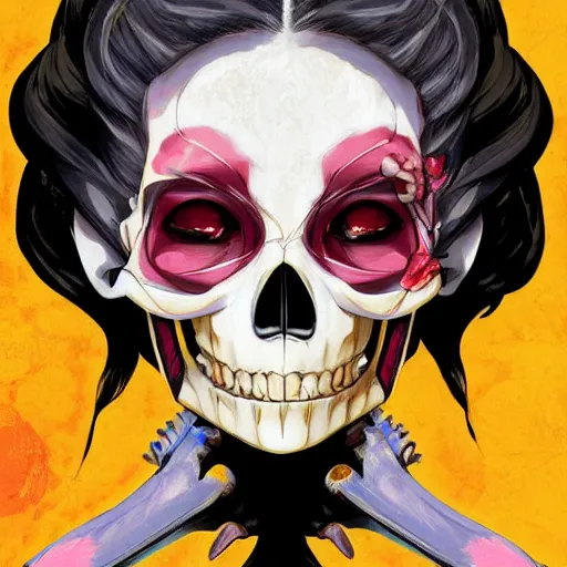 Prompt: anime manga skull portrait young woman skeleton, pixar, painterly, logo, graffiti, cuphead, highly detailed, digital art, art by jc leyendecker and sachin teng