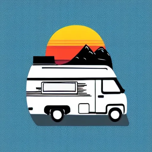 Image similar to vector art of a white and black cute thor chateau! motorhome camper!!, highway, mountains and colorful sunset!!, very very happy, stylish, warm colors, minimal vector art sticker!! by tom whalen