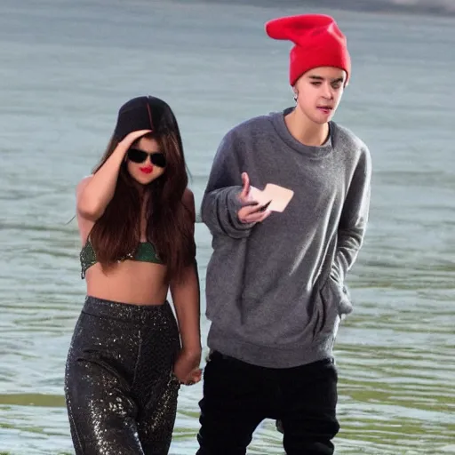 Prompt: justin bieber and selena gomez at a lake during christmas