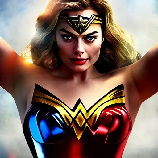 Prompt: A realistic portrait of margot robbie as wonder woman