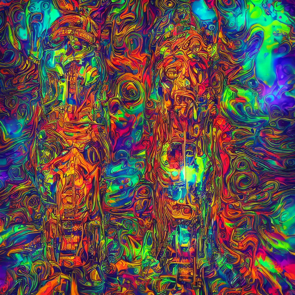 Prompt: psychedelic totems of rebellion in the cyber world, 16K ultra-realistic 3D, crying engine