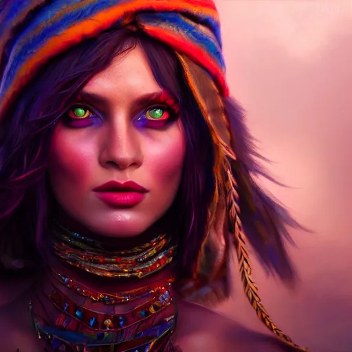 Image similar to the gypsy, perfect eyes, full body shot, portrait, vivid colors, elegant, concept art, sharp focus, digital art, Hyper-realistic, 4K, Unreal Engine, Highly Detailed, HD, Dramatic Lighting by Brom, trending on Artstation