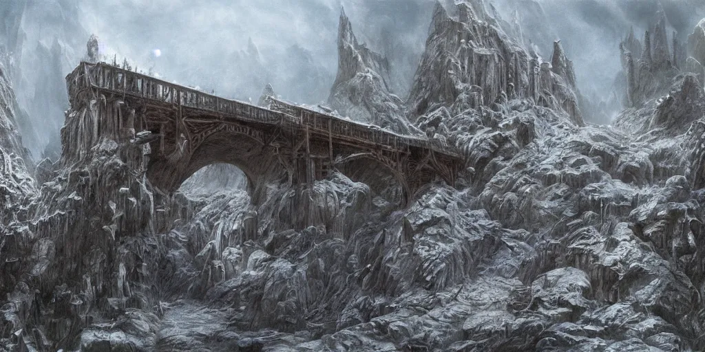 Image similar to Bridge in the Mines of Moria, detailed matte painting, cinematic, Alan Lee, Artstation