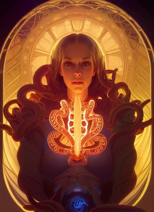 Image similar to symmetry portrait of ursula, octopus, glowing lights, intricate, elegant, highly detailed, digital painting, artstation, concept art, smooth, sharp focus, illustration, art by artgerm and greg rutkowski and alphonse mucha