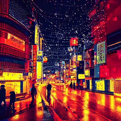 Image similar to illustration of tokyo with many lights and lens flares, snowy winter christmas night