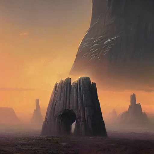 Image similar to pulp fantasy concept art painting of an alien monolith hovering over alien civilization, by greg rutkowski and james gurney