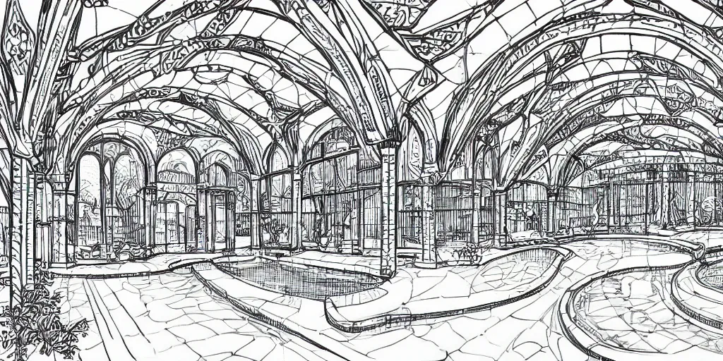 Image similar to lineart black and white indoor swimming pool with large blue archways, giant windows overlooking a garden, drawn with micron pen in the style of popular manga