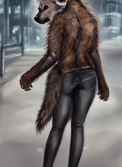 Image similar to award winning beautiful portrait commission of a female furry anthro hyena fursona with a bushy tail and a leather jacket, detailed background, urban streets, artificial lighting, cute, beautiful, attractive, detailed,