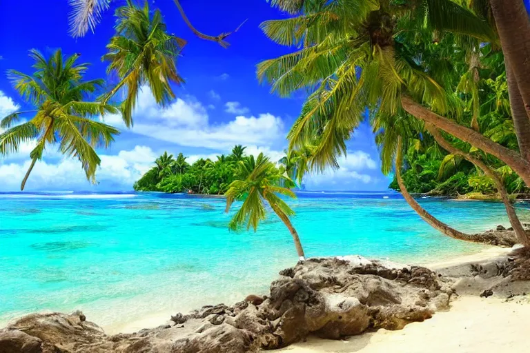 Prompt: beautiful tropical island, clear blue water