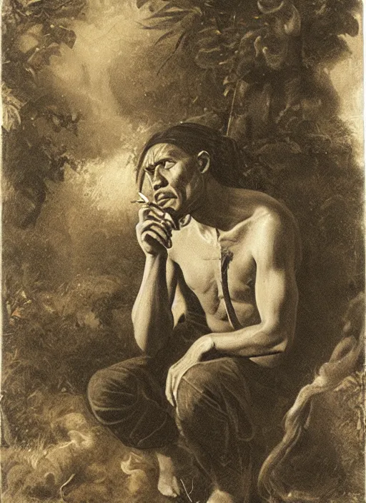 Image similar to a beautiful portrait of an indigenous man sitting in the jungle surrounded by smoke, smoking a pipe, praying with tobacco ,mysterious atmosphere
