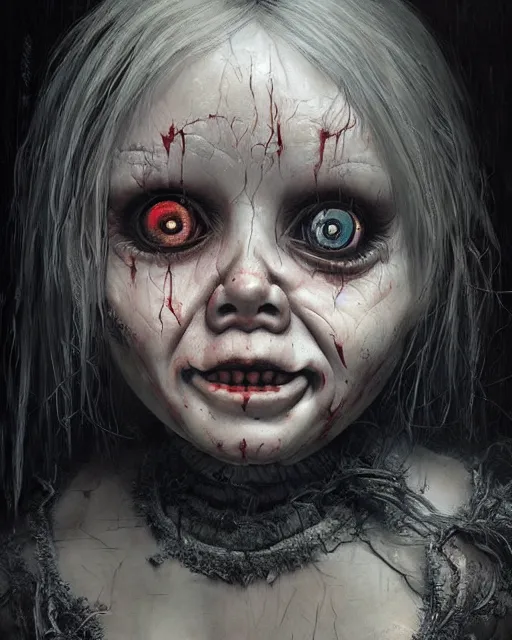 Image similar to annabelle doll, hyper realistic face, horror, fantasy art, in the style of greg rutkowski, intricate, hyper detailed