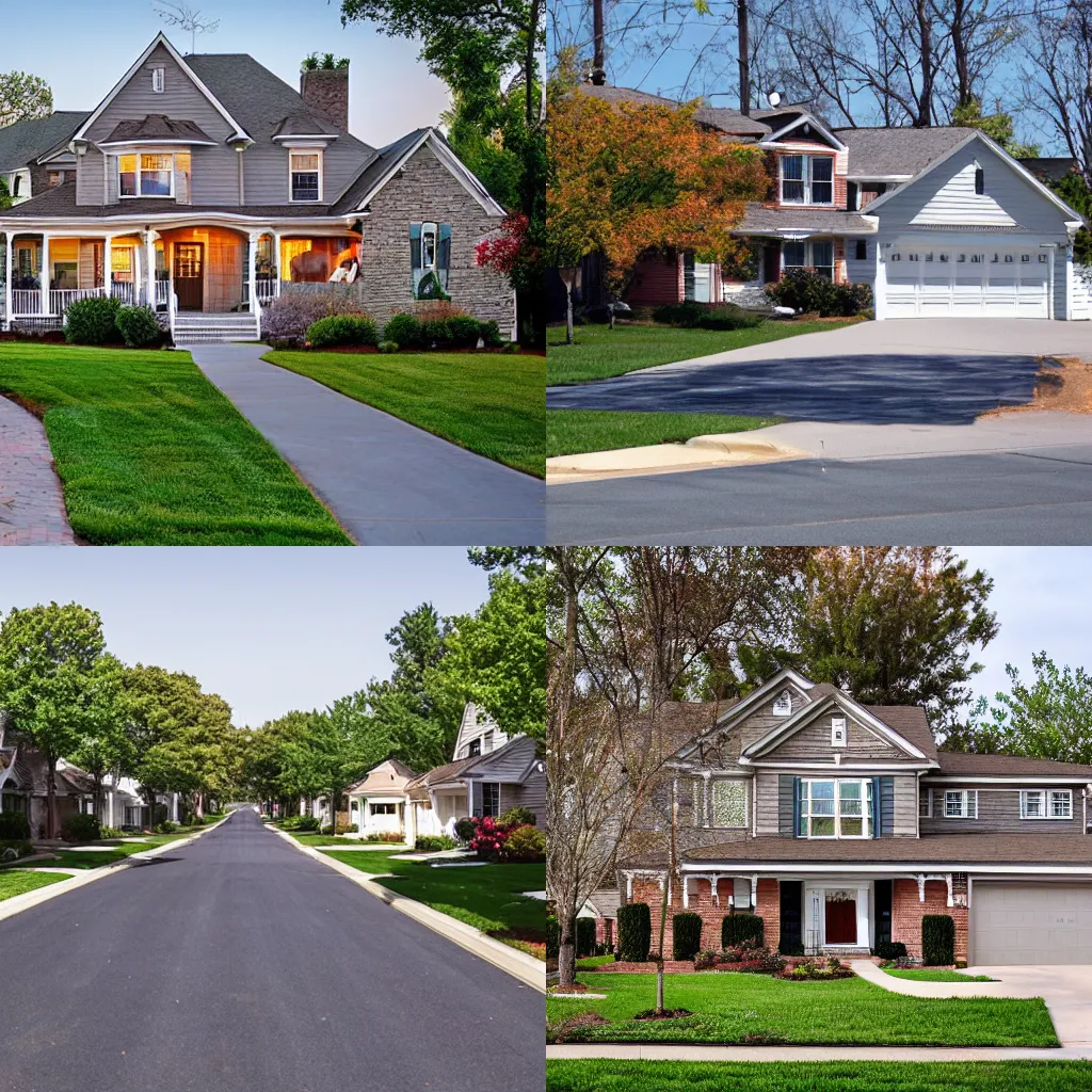 Prompt: the american suburbs with wide streets and big houses