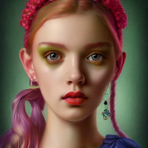 Image similar to a portrait of an beautiful young women, bright colors highly detailed, ultra realistic digital painting, rococo, artstation, concept art, pop, smooth, sharp focus, illustration, art by mark ryden 3 d 8 k ultra detailed