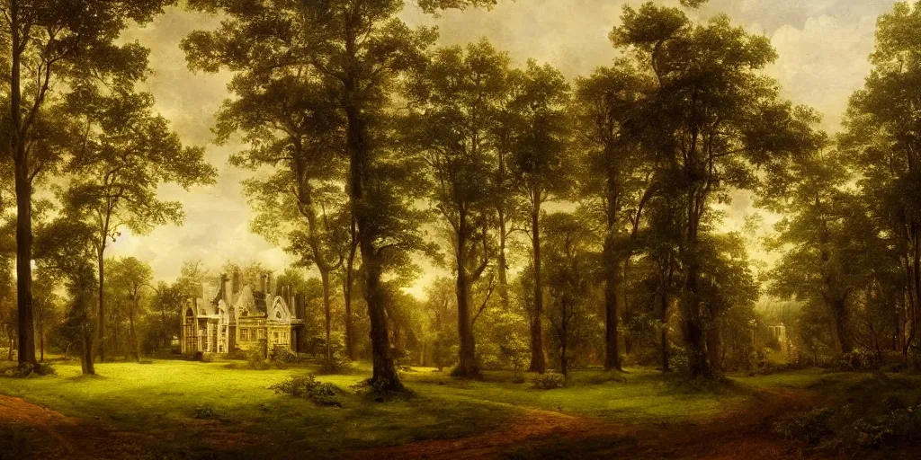 Image similar to landscape of a large victorian manor house in a pine forest, well lit, detailed, cinematic lighting, oil painting