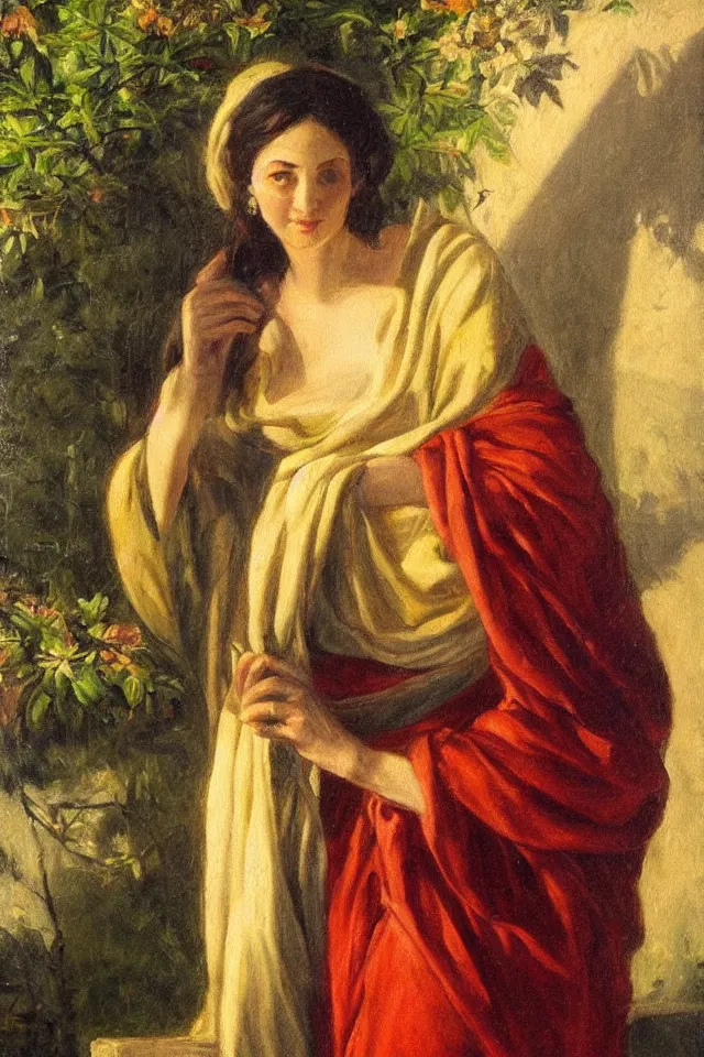 Image similar to chiaroscuro painting, dapple light, a beautiful greek woman in robes in a lush garden